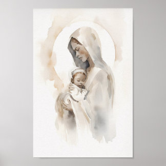 De Maagd Maria en Baby Jezus Waterverf Art Prin Poster