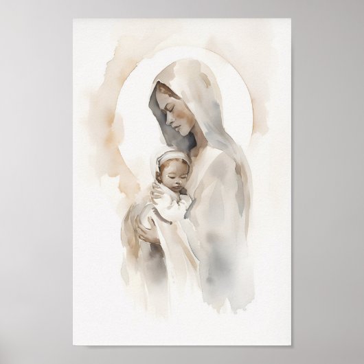 De Maagd Maria en Baby Jezus Waterverf Art Prin Poster (Voorkant)
