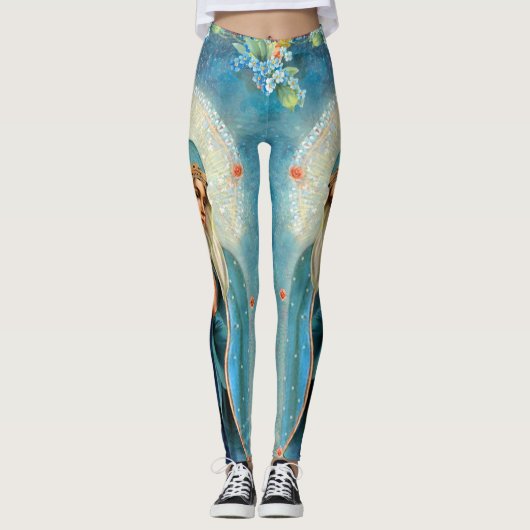 De maagd Maria in Prayer Blue vergeet me dat weet Leggings (Voorkant)