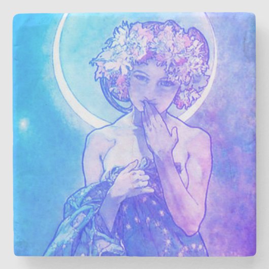 "De maan" door Mucha, Violet Stone Onderzetter (Voorkant)