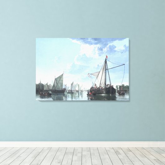 De Maas in Dordrecht tegen Dag Canvas Afdruk (Insitu (Houten vloer))