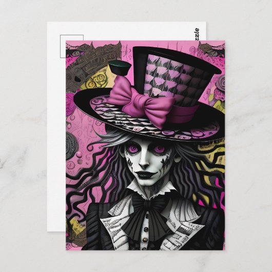 De mad hatter roze en zwarte Alice geïnspireerd Briefkaart (Voorkant / Achterkant)