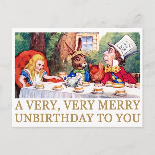 DE MAD HATTER WIST EEN MERRY UNBIRTHDAY. FEESTDAGENKAART (Voorkant)