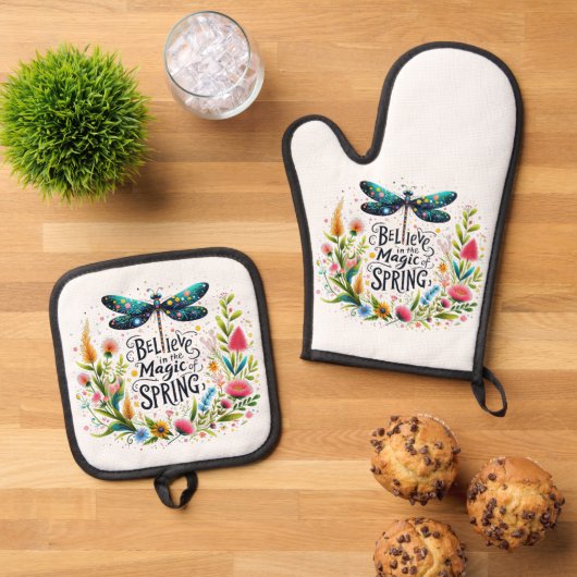 De magie van de lente bloemen ovenwant & pannenlap set (Top down)