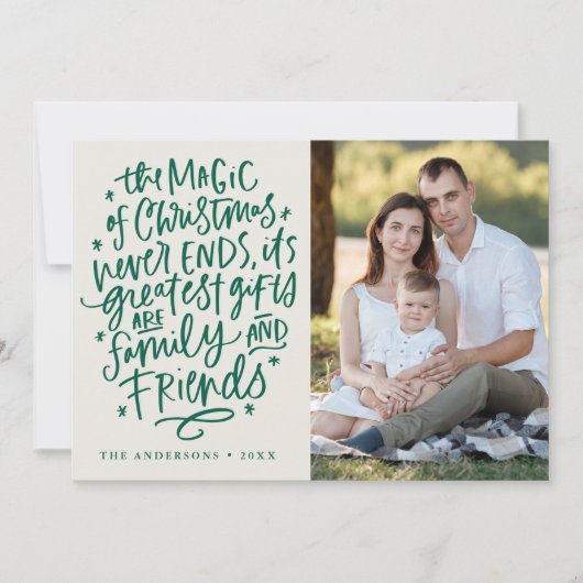 De magie van kerst beige en groene foto feestdagenkaart (Voorkant)