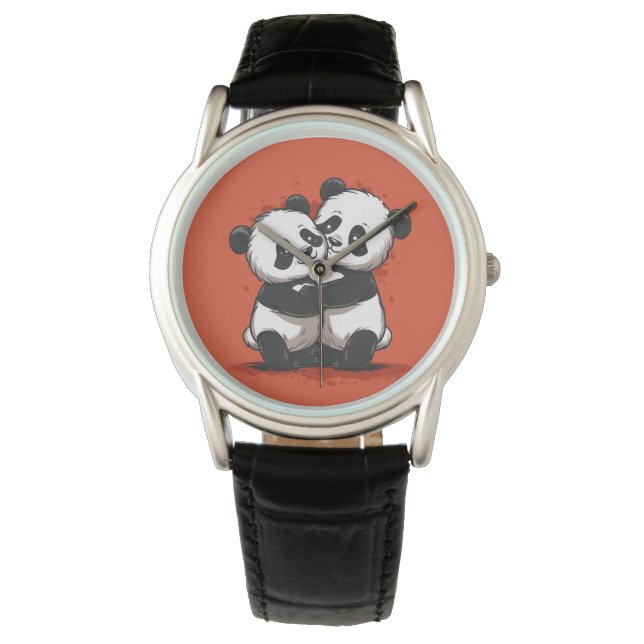 De Mannen van Pandas Classic Zwart Lederen Horloge (Voorkant)