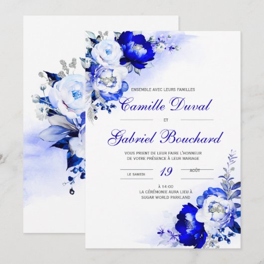 De Mariage élégante avec fleurs bleues Kaart (Voorkant / Achterkant)