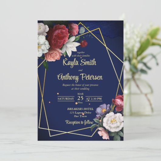 De marineblauwe rozen bruiloft nodigt sjabloon uit kaart (Staand voorkant)