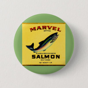 De marvel-zalm uit de jaren '30 kan een label krij ronde button 5,7 cm