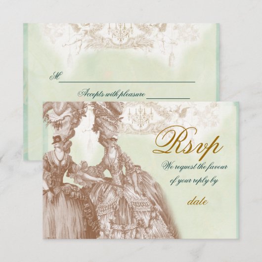 De Masquerade Ball, RSVP blauwgroen en goud Kaart (Voorkant / Achterkant)