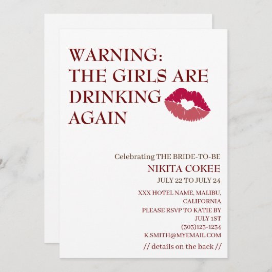 DE MEISJES DRINKEN WEER Bachelorette Weekend  Kaart (Voorkant / Achterkant)