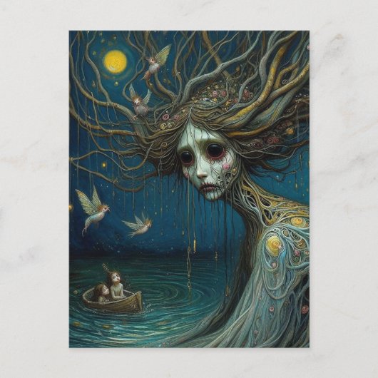 De menselijke boom die vogels schuilt in het maanl briefkaart (Voorkant)
