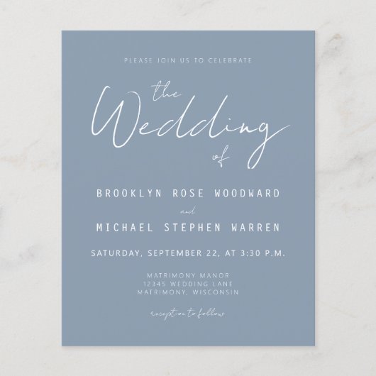 De minimale Stusty Blue Script Wedding Invite van  (Voorkant)