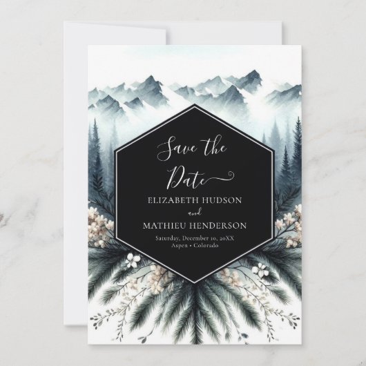 De minimalistische Forest Mountain bruiloft Save The Date (Voorkant)