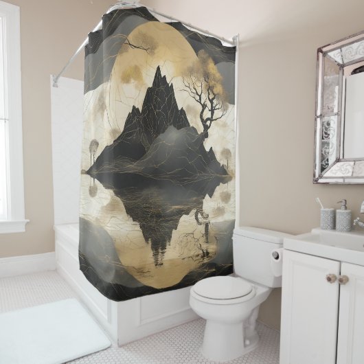 De Misty Mountain Black & Gold Douchegordijn (In situ)