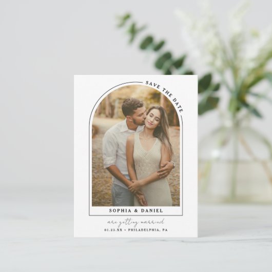 De moderne Arch Boho Arch met Foto sparen de Datum Aankondigingskaart (Staand voorkant)