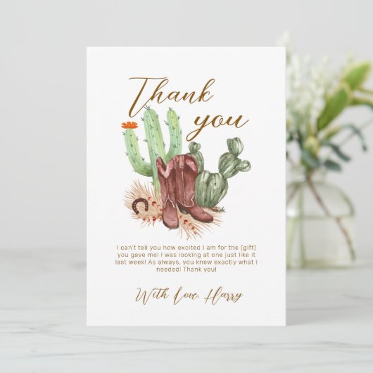 De moderne Boho Cactus Cowboy Schoenen Baby shower Bedankkaart (Staand voorkant)