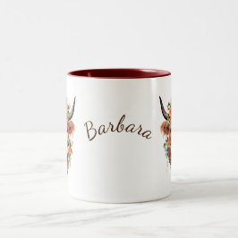 De moderne Boho Highland Koe met bloemen Tweekleurige Koffiemok