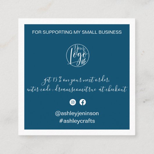 De moderne borstel dankt u het manuscriptorde blau vierkante visitekaartje (Achterkant)