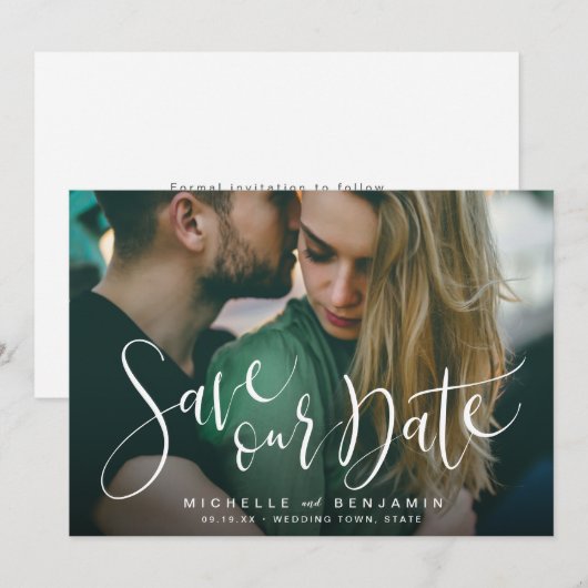 De moderne bruiloft van de manuscriptfoto bewaart  save the date (Voorkant / Achterkant)