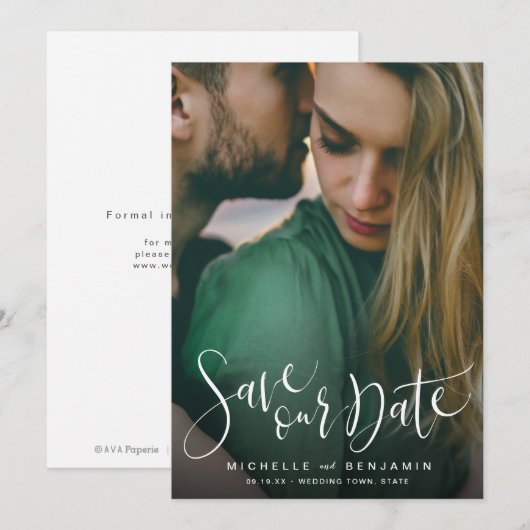 De moderne bruiloft van de manuscriptfoto bewaart  save the date (Voorkant / Achterkant)