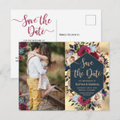 De moderne Burgundy Navy Floral Foto slaat de datu Aankondigingskaart (Voorkant / Achterkant)