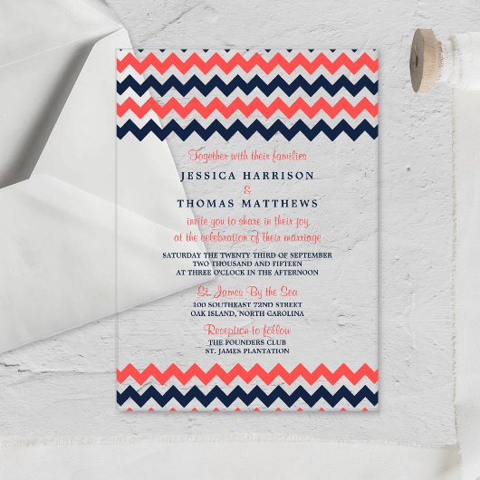 De moderne Chevron Wedding Collectie marine en kor Acryl Uitnodigingen
