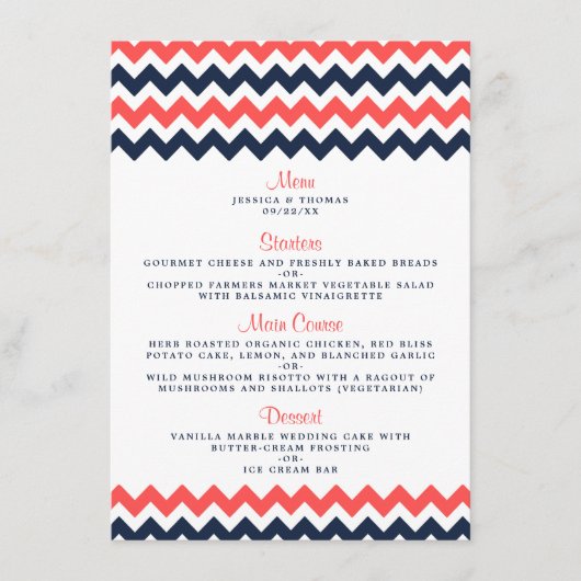 De moderne Chevron Wedding Collectie marine en kor Menu (Voorkant)