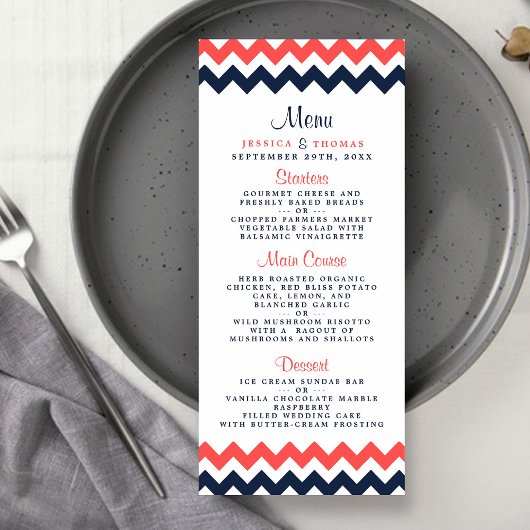 De moderne Chevron Wedding Collectie marine en kor Menu