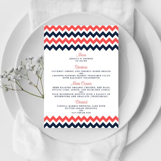 De moderne Chevron Wedding Collectie marine en kor Menu