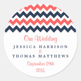 De moderne Chevron Wedding Collectie marine en kor Ronde Sticker