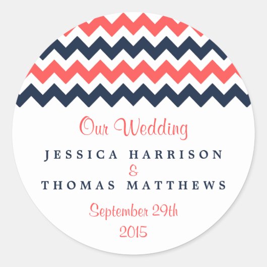 De moderne Chevron Wedding Collectie marine en kor Ronde Sticker (Voorkant)