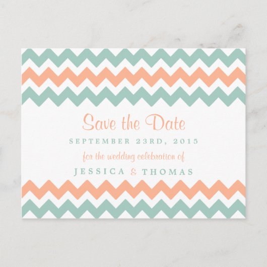 De moderne Chevron Wedding Collectie Peach & Mint Aankondigingskaart (Voorkant)