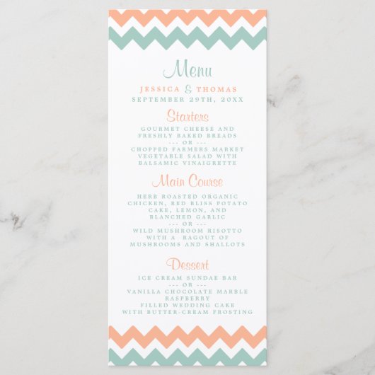 De moderne Chevron Wedding Collectie Peach & Mint Menu (Voorkant)