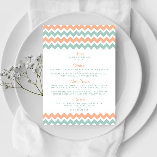 De moderne Chevron Wedding Collectie Peach & Mint Menu