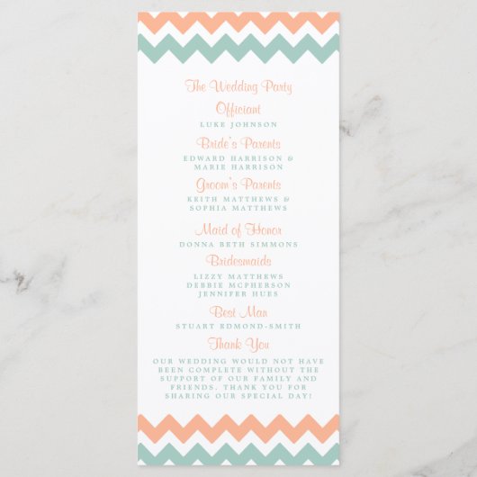 De moderne Chevron Wedding Collectie Peach & Mint Programmakaart (Achterkant)