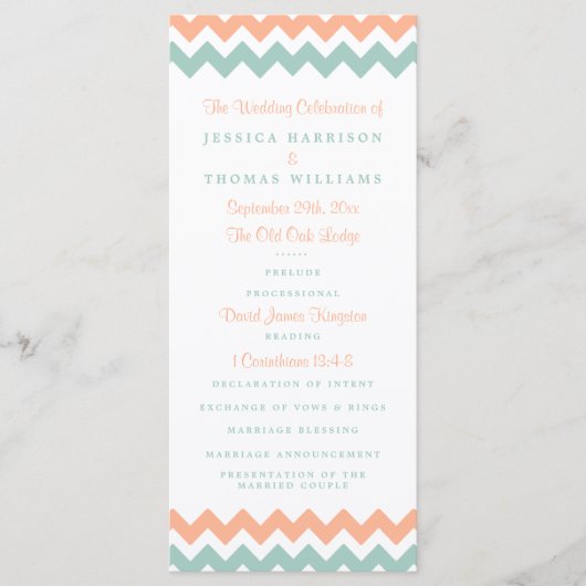 De moderne Chevron Wedding Collectie Peach & Mint Programmakaart (Voorkant)