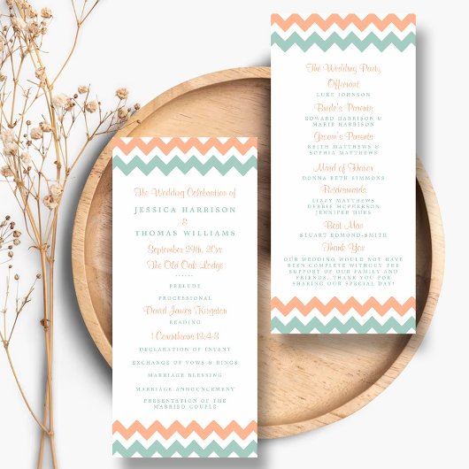 De moderne Chevron Wedding Collectie Peach & Mint Programmakaart