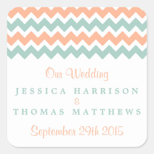De moderne Chevron Wedding Collectie Peach & Mint Vierkante Sticker