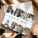 De moderne Collage van de Foto sparen de Datum Aankondigingskaart<br><div class="desc">Kies de beste afbeeldingen uit je verloving-opname of je favoriete afbeeldingen van jullie twee voor deze perfecte bewaardatum. De woorden sparen de datum zijn handgeschreven om een persoonlijk gevoel aan de kaart te geven. De voorkant heeft 6 afbeeldingen en de achterkant heeft een groot afbeelding met een witte filter op...</div>