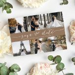 De moderne Collage van de Foto sparen de Tan van d Save The Date<br><div class="desc">Kies de beste afbeeldingen uit je verloving-opname of je favoriete afbeeldingen van jullie twee voor deze perfecte bewaardatum. De woorden sparen de datum zijn handgeschreven om een persoonlijk gevoel aan de kaart te geven. De voorkant heeft 6 afbeeldingen en de achterkant heeft een groot afbeelding met een witte filter op...</div>