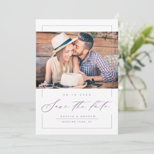 De moderne elegante bruiloft van de manuscriptfoto save the date (Staand voorkant)