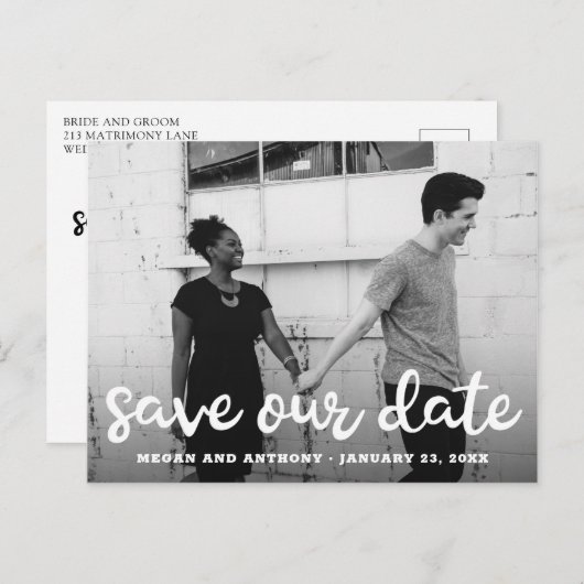 De moderne Foto van het Manuscript sparen de Datum Aankondigingskaart (Voorkant / Achterkant)