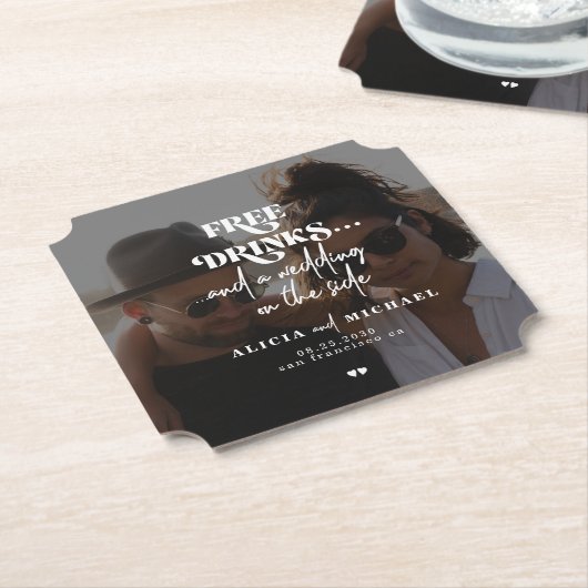 De moderne fotovrije bruiloft van de drink bewaart kartonnen onderzetters (Gekanteld)