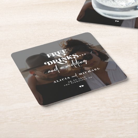 De moderne fotovrije bruiloft van de drink bewaart kartonnen onderzetters (Schuin)