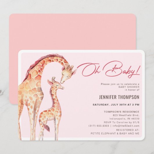 De moderne Giraffe Safari Meisje Baby shower Kaart (Voorkant / Achterkant)