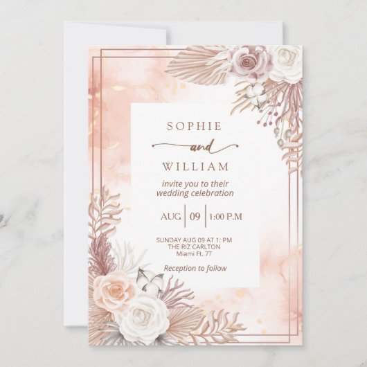 De moderne Golden Light Pink rozen bruiloft Kaart (Voorkant)