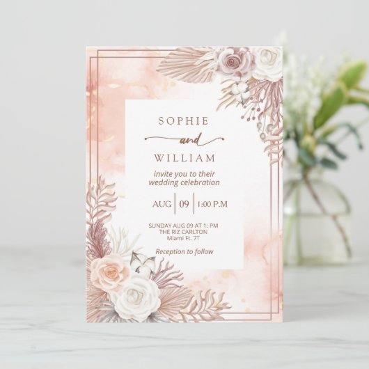 De moderne Golden Light Pink rozen bruiloft Kaart (Staand voorkant)