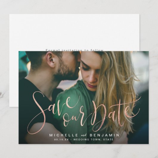 De moderne gouden het manuscriptfoto van het roos  save the date (Voorkant / Achterkant)