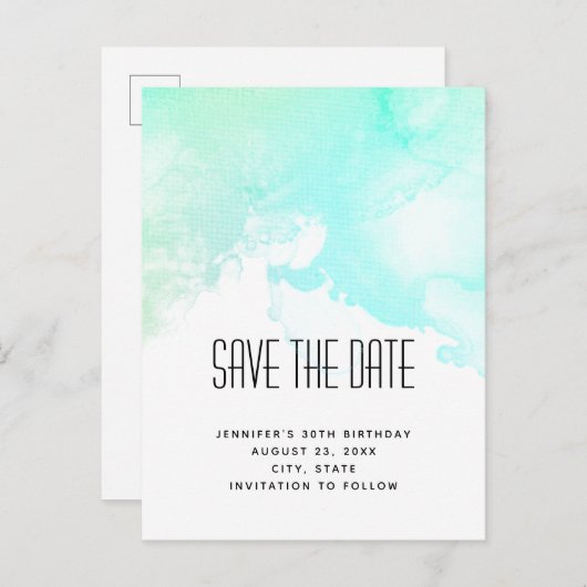De moderne Groene & Blauwe Waterverf sparen de Dat Uitnodiging Briefkaart (Voorkant / Achterkant)